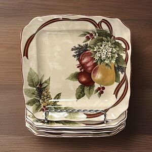 222 FIFTH Yuletide Celebration Fruit Square Appetizer 6.25” Plates Set of 4